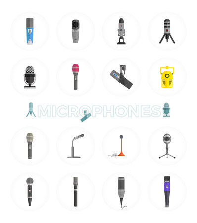 Microphone set design flat isolated icon, vintage microphone stand, sound media, record vocal musical web broadcasting microphone vector illustrationのイラスト素材