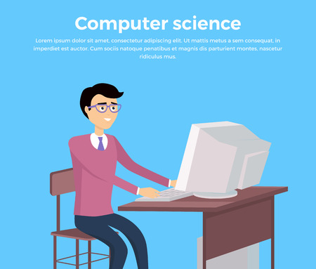 Computer science concept vector flat design banner. Programming learning and training. Scientific analysis of the computer data. Man working while sitting at computer monitor illustration.のイラスト素材