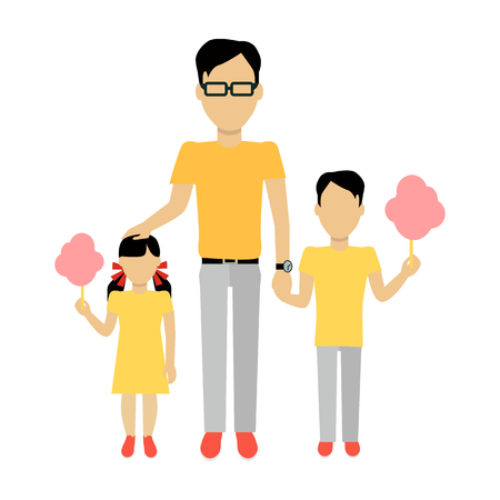 Father with children banner concept. Daddy holding hand of his daughter and son. Family and parent, girl and boy with dad, happiness together love parenting brother and sister, vector illustrationのイラスト素材