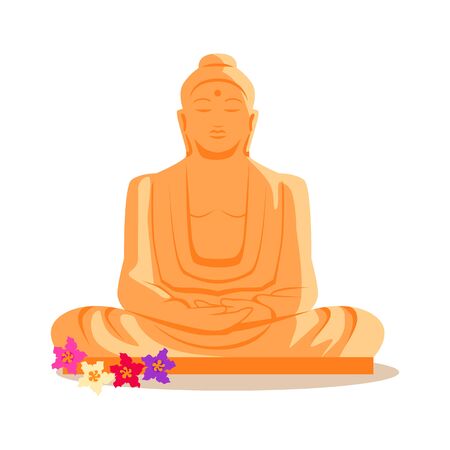 Travelling India famous historical attractions vector. Summer vacation in exotic countries concept. Buddha Statue in flat design. Acient Indian buddhist architecture illustration. Isolated on whitre.のイラスト素材