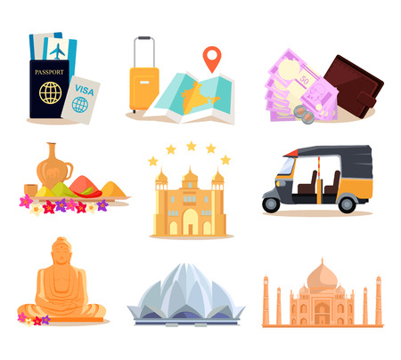 Travel India illustration in flat style design. Summer vacation in exotic countries concept. Taveler documents, money, buildings, food, transport, hotel, navigation, monuments vector icons.のイラスト素材