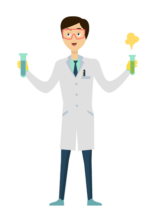 Chemistry banner concept flat style. Scientist chemist in a laboratory flask in hands holds a science experiment isolated on a red background. Technology research and experiment. Vector illustrationのイラスト素材