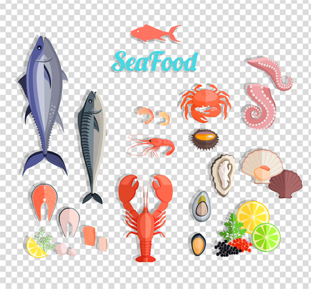 Seafood set design flat fish and crab. Lobster and food oyster, fresh seafood, shrimp and menu octopus animal, shellfish lemon, fresh seafood vector illustrationのイラスト素材