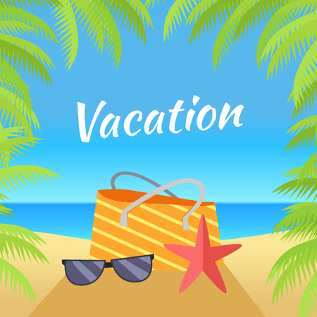 Summer vacation concept banner. Leisure on tropical sunny beach with palm trees. Ocean horizon background. Frame from palm branches. Beach bag, starfish, sunglasses flat design vector illustration.のイラスト素材