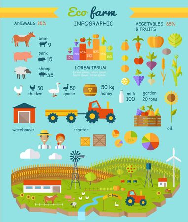 Eco farm infographic vector elements. Flat design. Collection of traditional farming icons. Animals, vegetables, agriculture machines and buildings. Circle and column diagrams. Country landscape.のイラスト素材