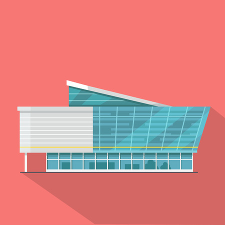 Shopping mall web page template. Flat design. Commercial building concept illustration for web design, banners. Shop, shopping center, mall, supermarket, business center on township background.のイラスト素材