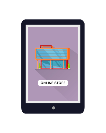 Shopping centre web page template on mobile device. Flat design. Illustration for web design, app icons, online shopping banners. Shop, shopping center, mall, supermarket, business center on screenのイラスト素材