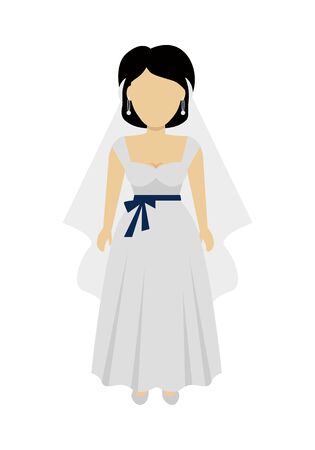 Female character without face in wedding dress vector in flat design. Woman template personage figure illustration for wedding concepts, apps, logos, infographic. Isolated on white background.の写真素材