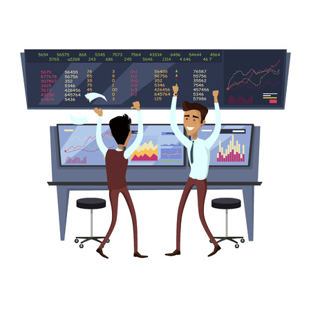 Business team work success concept. Online trading. Brokerage trading on the stock exchange vector in flat style design. Group of businessmen enjoys success deal on stock market illustration.のイラスト素材