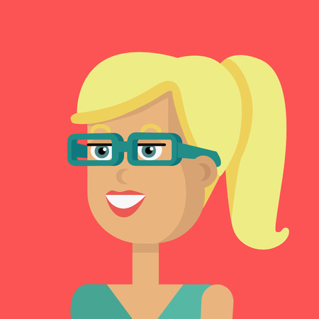 Businesswoman avatar icon isolated on red background. Woman in glasses with yellow hair. Smiling young girl personage. Flat design vector illustrationのイラスト素材