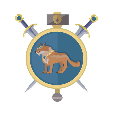 Braun wolf in the gold collar. Isolated avatar icon with swords. Wolf with showing fangs. Stylized fantasy character. Game object in flat design isolated on white background. Vector illustration.のイラスト素材