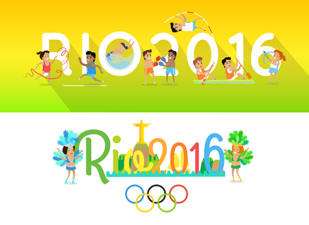 Rio 2016 concept banners. Sport games in Brazil in 2016. Traditional world famous International competitions in summer sports. Cartoon characters athletes compete in different disciplines.のイラスト素材