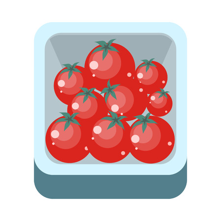 Tomatoes in tray vector in flat style design. Grocery store assortment, foods for diet, fresh fruits concept. Illustration for icons, signboards, ad, infographics design. Isolated on white.のイラスト素材