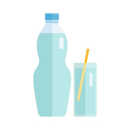 Plastic bottle and glass with beverage. Vector in flat style design. Sweet summer drink concept. Illustration for icons, labels, prints, menu design, infographics. Isolated on white background.のイラスト素材