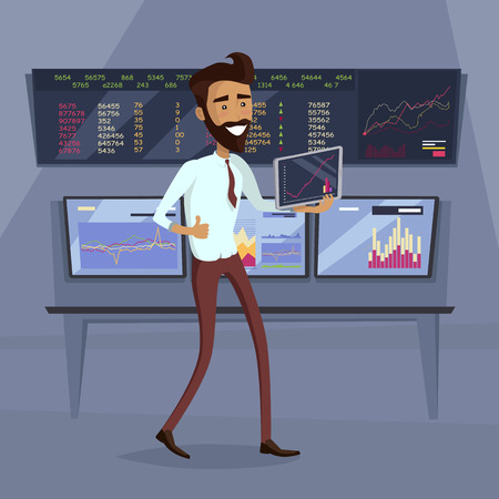 Business success illustration. Flat Design. Growth of value indexes. Good day on the stock exchange concept. Happy smiling man with tablet enjoying his success. Modern online trading technology.のイラスト素材