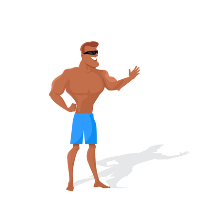 Muscular man character vector. Flat style design. Summer vacation. Physical exercise outdoors. Smiling man in good physical shape dressed in shorts and sunglasses standing on white background.のイラスト素材