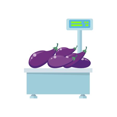 Tray with eggplants on store scales vector. Flat design. Vegetables in supermarket illustration for stores, farms, signboards and ad. Weighing equipment for trade. Isolated on white background.のイラスト素材