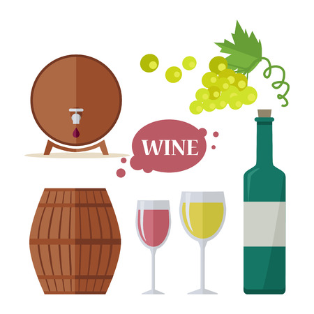 Wine consumption icon set. Collection of glasses, grapes, bottle, barrels. Check elite vintage strong red and white vine. Part of series of viniculture production and preparation items. Vectorのイラスト素材