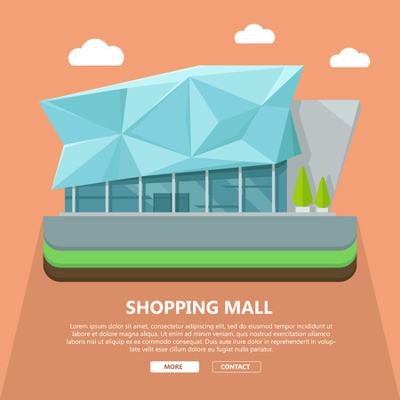 Shopping mall web page template with text more and contact. Flat design. Commercial building concept illustration for web design, banners. Shop, shopping center, mall, supermarket, business centerのイラスト素材