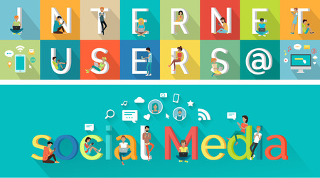 Social media vector concept. Flat design. Internet users characters illustration in poses with computers and mobile devices. Network icons. People communication picture for infographics, web design,のイラスト素材