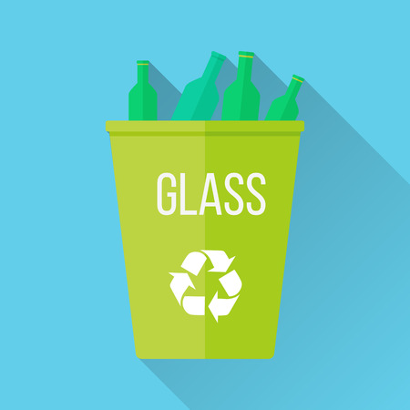 Green recycle garbage bin with glass. Reuse or reduce symbol. Plastic recycle trash can. Trash can icon in flat. Waste recycling. Environmental protection. Vector illustration.のイラスト素材