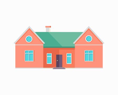Happy red house banner poster template. Exterior home icon symbol. Residential cottage. Part of series of modern buildings in flat design style. Real estate concept. Vectorのイラスト素材