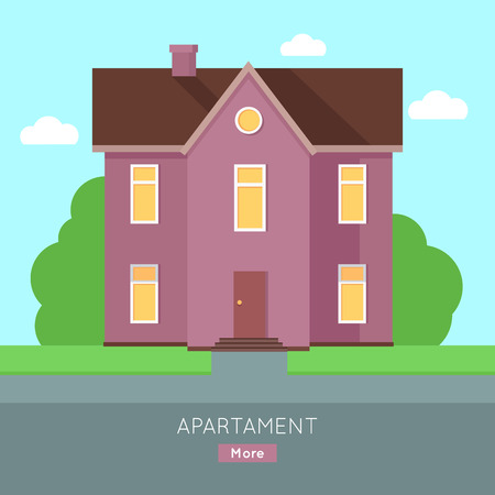 Happy house banner poster template. Exterior home icon symbol. Residential cottage. Part of series of modern buildings in flat design style. Real estate concept. Vectorのイラスト素材