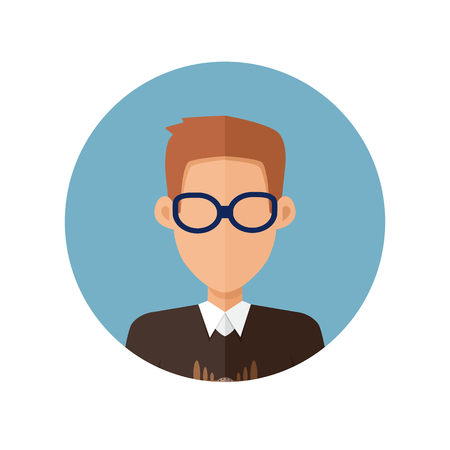 Young man private avatar icon. Young brunette man in brown sweater and glasses. Social networks business private users avatar pictogram. Isolated vector illustration on white background.のイラスト素材
