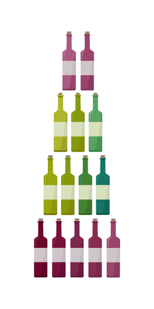 Bottles collection of different types of wine. Check elite vintage strong vine. Winemaking concept. Vine icon or symbol. Part of series of viniculture production and preparation items. Vectorのイラスト素材