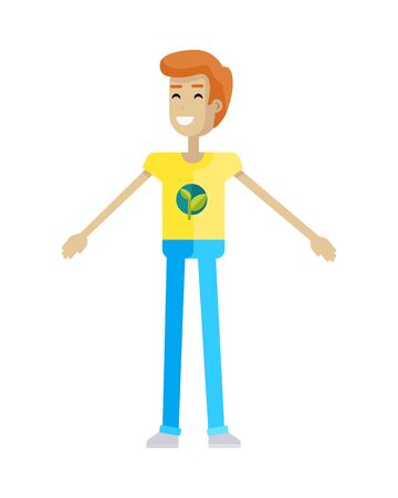 Smiling man with branch and leaves emblem on clothes, standing as part of human chain. Ecologist, environmentalist, nature protection activist or volunteer illustration. Flat design. Earth day.のイラスト素材