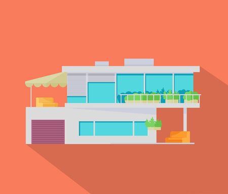Happy house with terrace banner poster template. Exterior home icon symbol. Residential cottage. Part of series of modern buildings in flat design style. Real estate concept. Vectorのイラスト素材