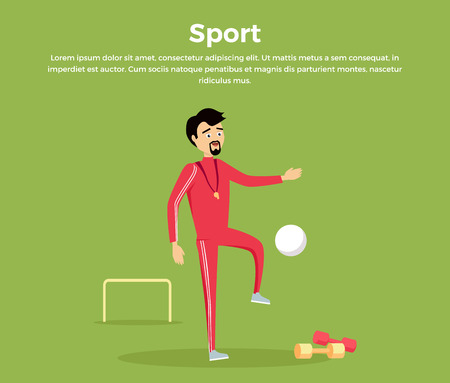 Sport concept vector. Flat design. Man in sportswear playing with ball in football field. Teacher of physical education. School coach. Illustration for sports section, club, team web page design.のイラスト素材