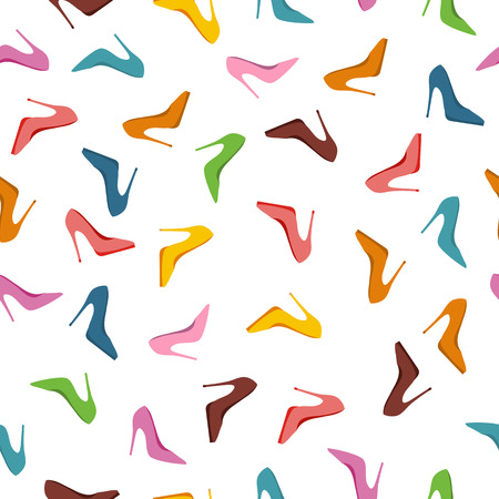 Seamless pattern high heels shoes. Fashion accessories illustration Abstract background with shoes of different colors. For shops, advertisements, banners, posters. New collection. Sale. Vectorのイラスト素材