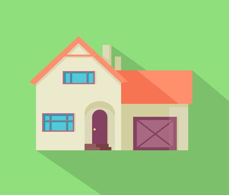Happy house banner poster template. Exterior home icon symbol. Residential cottage. Part of series of modern buildings in flat design style. Real estate concept. Vectorのイラスト素材
