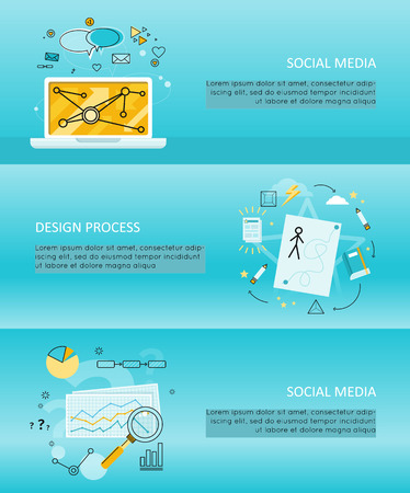 Set of social media flyer. Concepts of social media, design process, online business, online education, media content. Business blue flyer with different communication element. typographic templateのイラスト素材