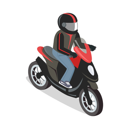 Scooter rider illustration in isometric projection. Picture for city transport, rtaveling concepts, web, applications icons, infographics,  design. Isolated on white background.のイラスト素材