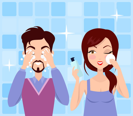 Man and woman cleaning and care her face, facial, treatment, beauty, healthy, hygiene, lifestyle. Cleaning makeup. Skin care. Process of washing face. Married couple in the bathroomのイラスト素材