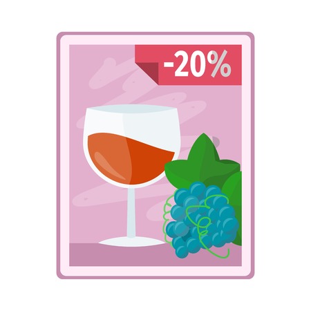 Discount on alcohol concept vector. Flat style. Poster with glass of wine, grape and interest discounts illustration for beverages concepts, grocery store ad, infograqphic element. Isolated on white.のイラスト素材