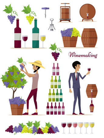 Winemaking icon set. Collection of glasses, types of grapes, bottles, tuns, barrels, openers. Check elite vintage strong wine. Part of series of viniculture production and preparation items. Vectorのイラスト素材