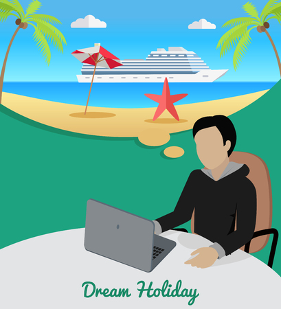 Dream holiday. Man sitting on chair at the table dreaming about good rest. Boy at work witl laptop. Endless work seven days a week. Part of series of work at the office. Vector illustrationのイラスト素材