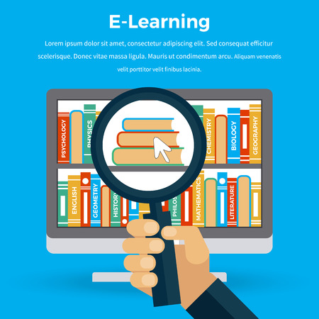 Computer screen with magnifying glass. Online education background. University web, school knowledge, training study, e-learning computer internet, science studying, research information illustrationのイラスト素材