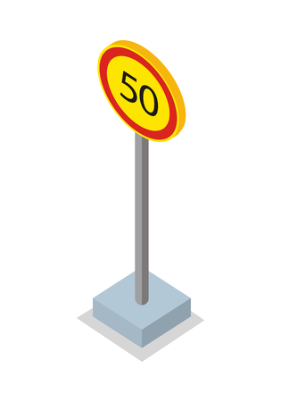 Fifty kilometres per hour speed limit traffic sign. Round road sign on base. Standing is prohibited. City isometric object in flat. Drive safety. Isolated vector illustration on white background.のイラスト素材