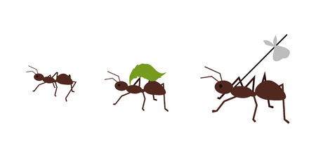 Brown ant carrying her baggage on tree branch. Ant carrying green leaf. Ant icon. Ant holding. Insect icon. Termite icon. Isolated object in flat design on white background. Vector illustration.のイラスト素材
