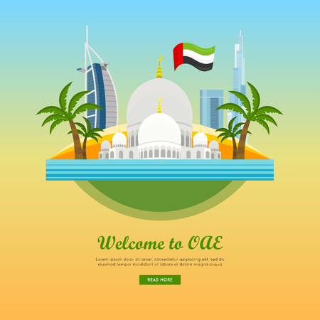 United Arab Emirates travelling banner on island. Landscape with traditional arabic landmarks. Skyscrapers. Grand Mosques. Nature and architecture. Part of series of travelling around world. Vectorのイラスト素材