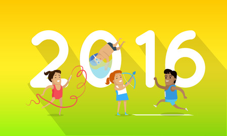 Sport banner 2016. Running, gymnastics, swimming and archery sport discipline. Different sports, athletes, sport competition. Species of event. Summer games backgroundのイラスト素材
