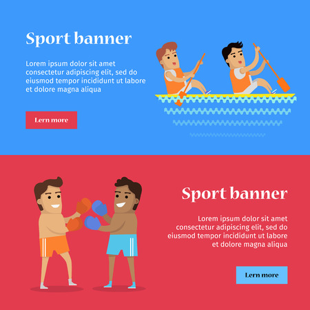 Boxing and canoe rowing sports banners. Two man in sports shorts and boxing gloves. Two man in sports uniform rowing in canoe on river. Species of event. Summer games background.のイラスト素材
