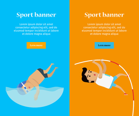 Swimming and pole vault sports banners. Swimmer in goggles and cap in swimming pool. Male athlete in sports uniform performing a pole vault. Species of event. Summer games backgroundのイラスト素材