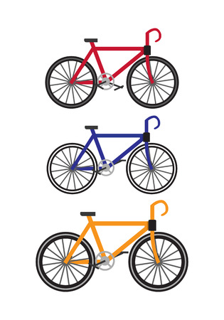 Set of color bikes vector. Sports and outdoor activities equipment flat illustration. For sport concepts, stores ad, icons or web design. Summer entertainments. Isolated on white backgroundのイラスト素材