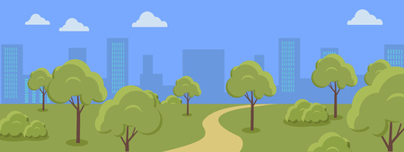 Urban cityscape with park, trees, shrubs, blue sky and white clouds. Silhouettes of buildings. Office buildings, building scenery, urban landscape, urban background, city panoramaのイラスト素材