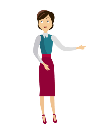 School teacher in green blouse and red skirt. Smiling teacher with empty hands on one side. Learning process. Stand in front. Teacher isolated character. School personage. Vector illustrationのイラスト素材